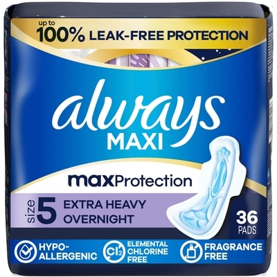 Always Maxi Overnight Pads with Wings, Size 5, Extra Heavy Overnight, Unscented, 36 count 36 ea, $0.43/1ea