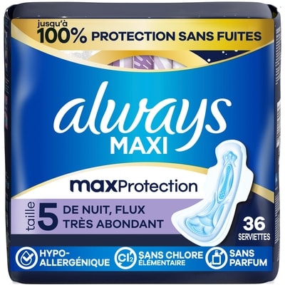 Always Serviettes Maxi, de nuit, flux très abondant, avec ailes, pour femmes, taille 5, 36 serviettes 36 ea, 0,47 $/1ch