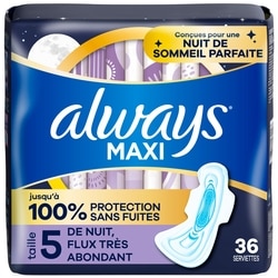 Always Serviettes Maxi de nuit flux très abondant, avec ailes, taille 5, non parfumées, 36 serviettes 36 ea, 0,42 $/1ch
