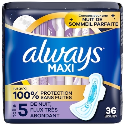 Always Serviettes Maxi de nuit flux très abondant, avec ailes, taille 5, non parfumées, 36 serviettes 36 ea, 0,47 $/1ch