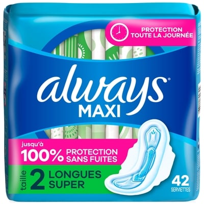 Always Serviettes Maxi, de jour, longues avec ailes, taille 2, non parfumées, 42 serviettes 42 ea, 0,36 $/1ch