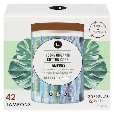 L. Cotton Tampons Regular/Super Absorbency Multipack, Free from Chlorine Bleaching, Pesticides, Fragrances, or Dyes, 42 Count 42 ea, $0.42/1ea