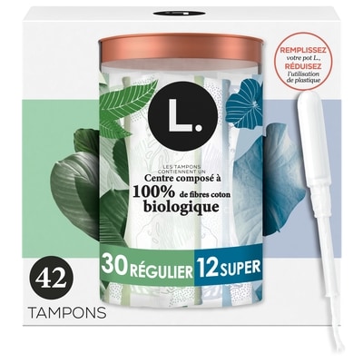 L. Tampons, fabriqués à partir de coton biologique, degré d’absorption régulier/super, 42 tampons 42 ea, 0,40 $/1ch