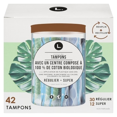 L. Tampons en coton sans blanchiment au chlore, pesticides, parfums, ni colorants, paquet multiple, degré d’absorption régulier/super, 42 tampons 42 ea, 0,42 $/1ch