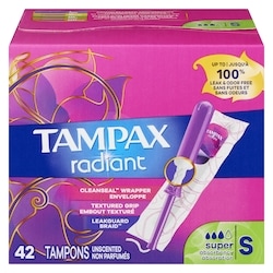 Radiant Tampons Super Absorbency with BPA-Free Plastic Applicator and LeakGuard Braid, Unscented, 42 Count