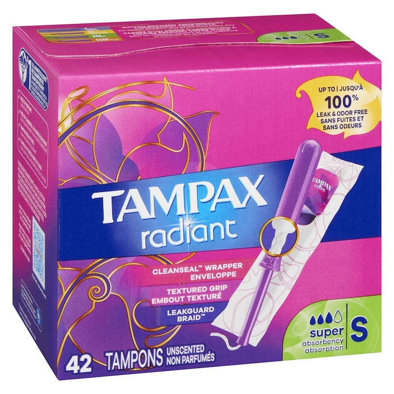 Radiant Tampons Super Absorbency with BPA-Free Plastic Applicator and LeakGuard Braid, Unscented, 42 Count