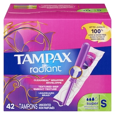 Tampax Tampons Radiant avec tresse anti-fuites LeakGuard et applicateur en plastique sans BPA, degré d’absorption super, non parfumés, 42 tampons 42 ea, 0,40 $/1ch