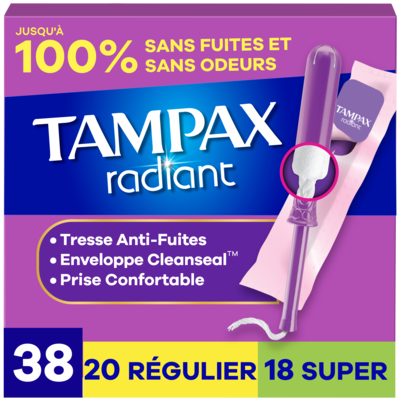 Tampax Tampons Radiant, avec tresse anti-fuites LeakGuard, régulier/super, emballage multiple, 38 tampons 38 ea, 0,39 $/1ch