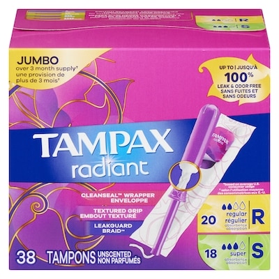 Tampax Tampons Radiant avec tresse anti-fuites LeakGuard, degré d’absorption régulier/super, emballage duo, non parfumés, 38 tampons 38 ea, 0,42 $/1ch