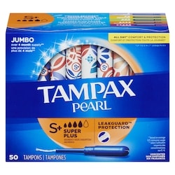 Pearl Tampons, with LeakGuard Braid, Super Plus Absorbency, Unscented, 50 Count.
