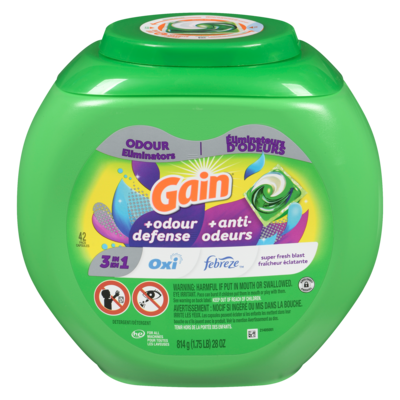 Gain Laundry Detergent Pacs with Odor Defense, 42 Ct, Super Fresh HE 3in1 Detergent Pacs with Febreze and Oxi 42 ea, $0.43/1ea