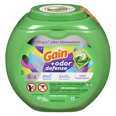 Gain Laundry Detergent Pacs with Odor Defense, 42 Ct, Super Fresh HE 3in1 Detergent Pacs with Febreze and Oxi 42 ea, $0.43/1ea