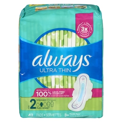 Always Serviettes féminines Ultra Thin, longues, degré d’absorption super, avec ailes, pour femmes, taille 2, non parfumées, 42 serviettes 42 ea, 0,30 $/1ch