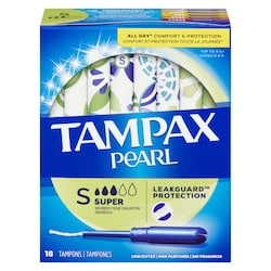 Pearl Tampons, with LeakGuard Braid, Super Absorbency, Unscented, 18 Count