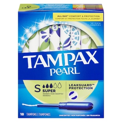 Tampax Tampons Pearl avec tresse anti-fuites LeakGuard, degré d’absorption super, non parfumés, 18 tampons 18 ea, 0,28 $/1ch