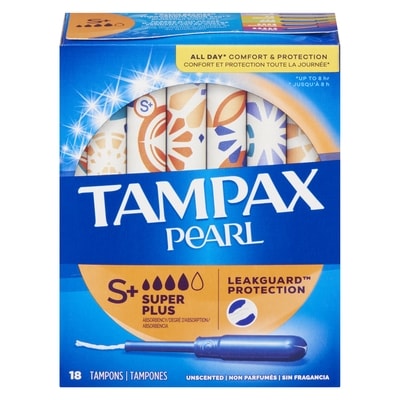 Tampax Tampons Pearl avec tresse anti-fuites LeakGuard, degré d’absorption super plus, non parfumés, 18 tampons. 18 ea, 0,28 $/1ch