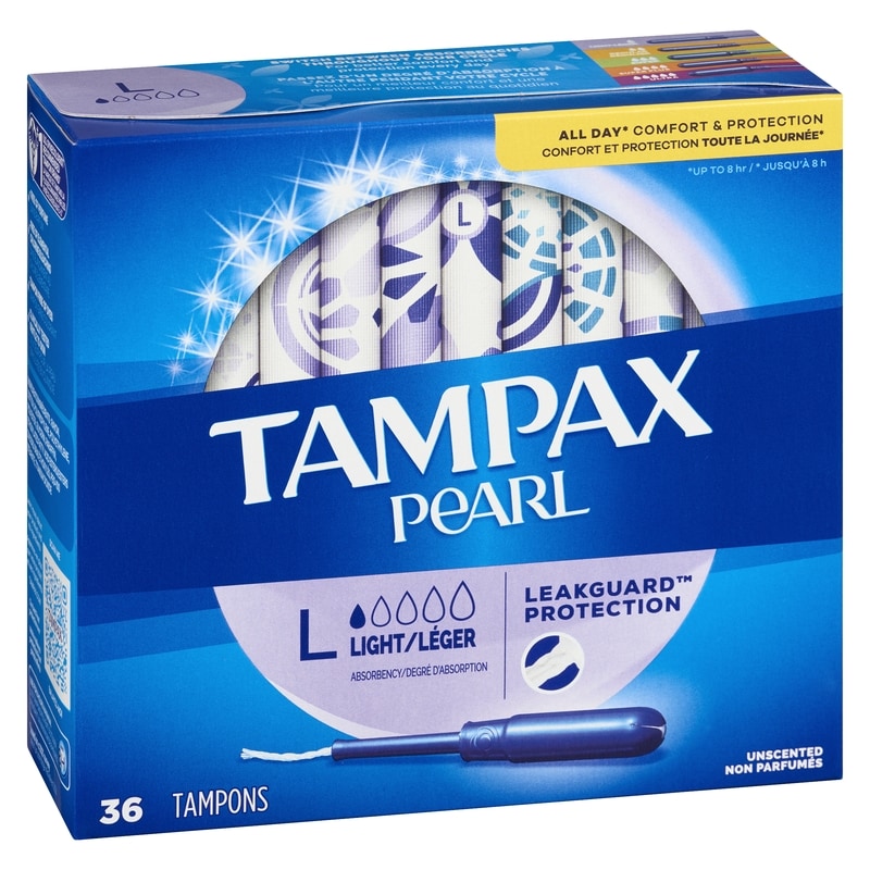 Pearl Tampons, with LeakGuard Braid, Light Absorbency, Unscented, 36 Count.