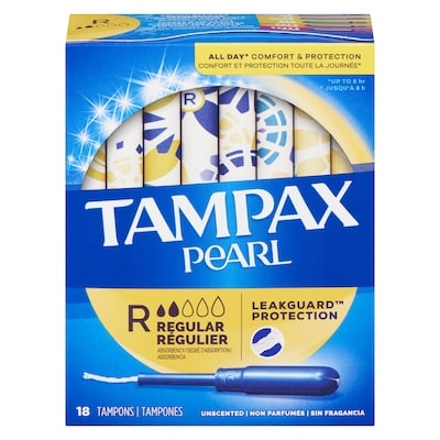 Tampax Tampons Pearl avec tresse anti-fuites LeakGuard, degré d’absorption régulier, non parfumés, 18 tampons. 18 ea, 0,28 $/1ch