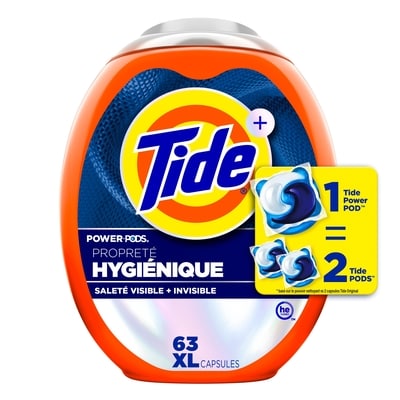 Tide Capsules de détergent à lessive Tide Hygienic Clean Heavy Duty 10X Power Pods, parfum Original, élimine la saleté visible et invisible, 63 capsules 63 ea, 0,54 $/1ch