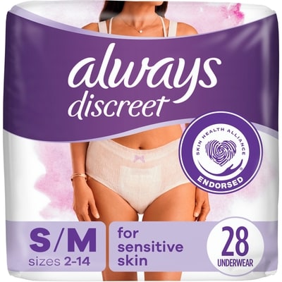 Always Culottes pour peau sensible, taille P/M, degré d’absorption maximal, quatre fois plus de douceur pour protéger la peau, testées sous contrôle dermatologique, sans parfum, 28 culottes 28 ea, 1,23 $/1ch