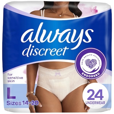 Always Sensitive Skin Underwear, Four Times Skin Protection, Dermatologically Tested, Fragrance-Free, Maximum Absorbency, 24 CT L 24 ea, $1.44/1ea