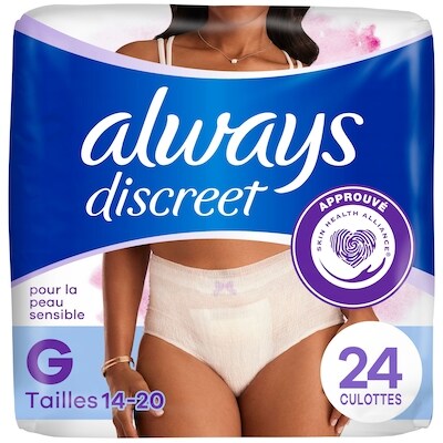 Always Culottes pour peau sensible, absorption maximale, quatre fois la protection de la peau, testées sous contrôle dermatologique, taille G, sans parfum, 24 culottes 24 ea, 1,44 $/1ch