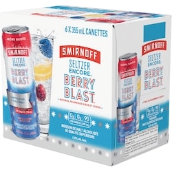 Smirnoff Seltzer encore boisson de malt alcoolisée de qualité supérieure agrumes, framboise bleue et cerise (Pièce d’identité requise au moment du ramassage) 6x355.0 ml, 0,75 $/100ml