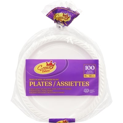 Crown Kosher Plates White Plastic 100x1.0 ea, $0.10/1ea