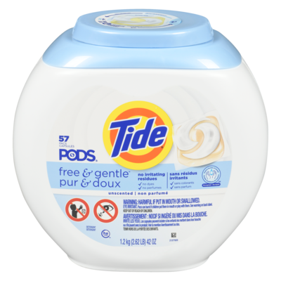 Tide PODS Free and Gentle, Liquid Laundry Detergent Soap Pacs, HE Compatible, 57 Count, Free and Clear of Dyes and Perfumes, Hypoallergenic for Sensitive Skin, Unscented 57 ea, $0.39/1ea