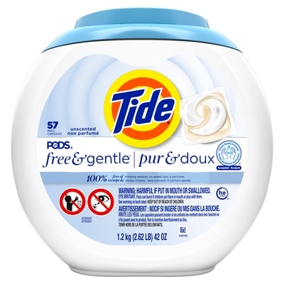 Tide Capsules de détergent à lessive PODS Pur et doux, savon à lessive doux reconnu, sans résidus irritants : aucun parfum ni colorant ajouté, 57 u 57 ea, 0,39 $/1ch