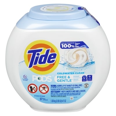 Tide Capsules PODS Free and Gentle, sans colorant ni parfum, hypoallergéniques pour peau sensible, non parfumées, compatibles avec HE, 57 capsules 57 ea, 0,39 $/1ch