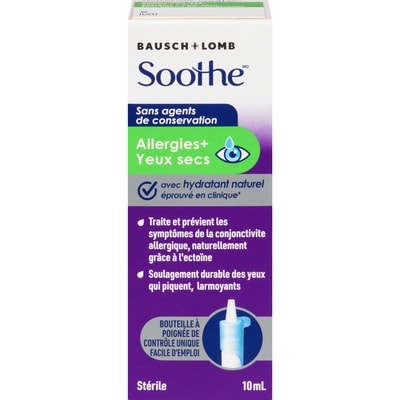 Bausch & Lomb Soothe gouttes oculaires lubrifiantes allergies + yeux secs 10 ml, 159,90 $/100ml