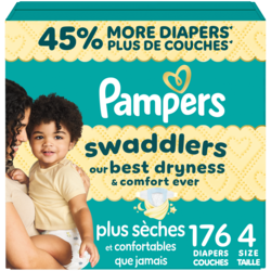 Pampers Couches Swaddlers, absorbantes, gardent bébé au sec et confortable, couche jetable pour bébé sans danger pour la peau, taille 4 (6,8 à 15,4 kg [15 à 34 lb]), 176 unités 176 ea, 0,34 $/1ch