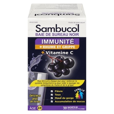 Sambucol Immunité + rhume et grippe + vitamine c baie de sureau noir âge 4+ 30 ea, 0,63 $/1ch