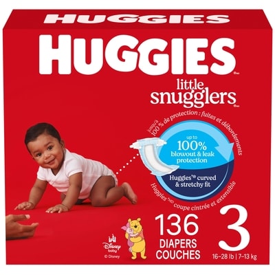 Huggies Couches pour bébés Little Snugglers, taille 3 (16 à 28 livres), 136 couches 136 ea, 0,34 $/1ch