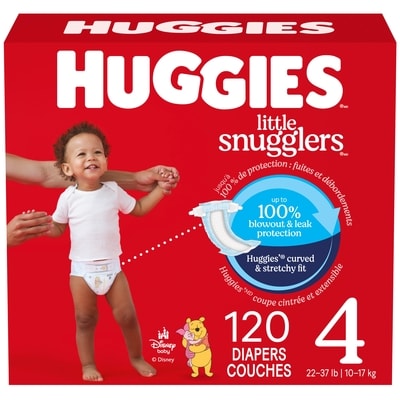 Huggies Couches pour bébés Little Snugglers, taille 4 (22 à 37 livres), 120 couches 120 ea, 0,39 $/1ch