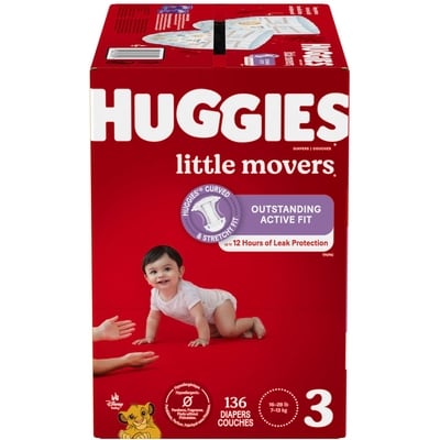 Huggies Couches pour bébés Little Movers, taille 3 (16 à 28 livres), 136 couches 136 ea, 0,31 $/1ch