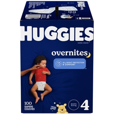 Huggies Couches pour bébé Overnites pour la nuit,taille 4,100 unités 100 ea, 0,35 $/1ch