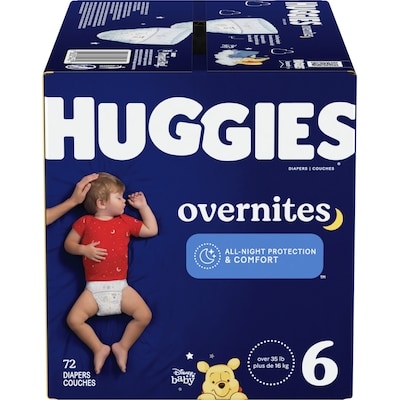 Huggies Couches pour bébé Overnites pour la nuit, taille 6 (plus de 16 kg [35 livres]), 72 unités 72 ea, 0,49 $/1ch