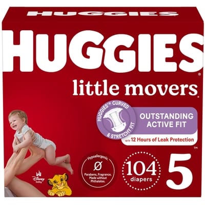 Huggies Little Movers Baby Diapers, Size 5 (27+ lbs), 104 Ct 104 ea, $0.40/1ea