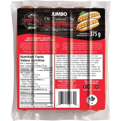 Tony’s Meats Saucisses fumées au boeuf à l’ancienne jumbo 375 g, 2,40 $/100g