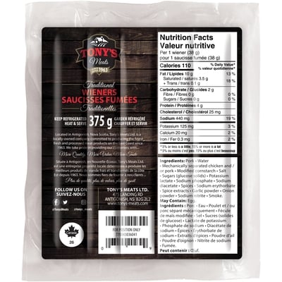 Tony’s Meats Saucisses fumées traditionelles 375 g, 1,60 $/100g