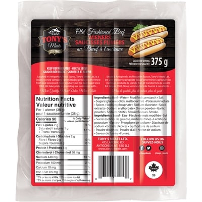 Tony’s Meats Saucisses fumées au boeuf à l’ancienne 375 g, 2,40 $/100g