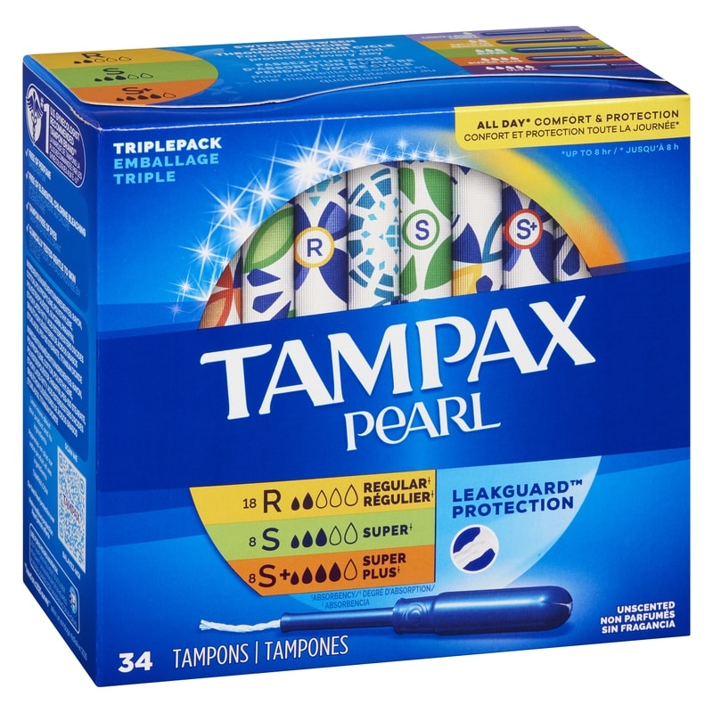 Pearl Tampons Trio Multipack, with LeakGuard Braid, Regular/Super/Super Plus Absorbency, Unscented, 34 Count.