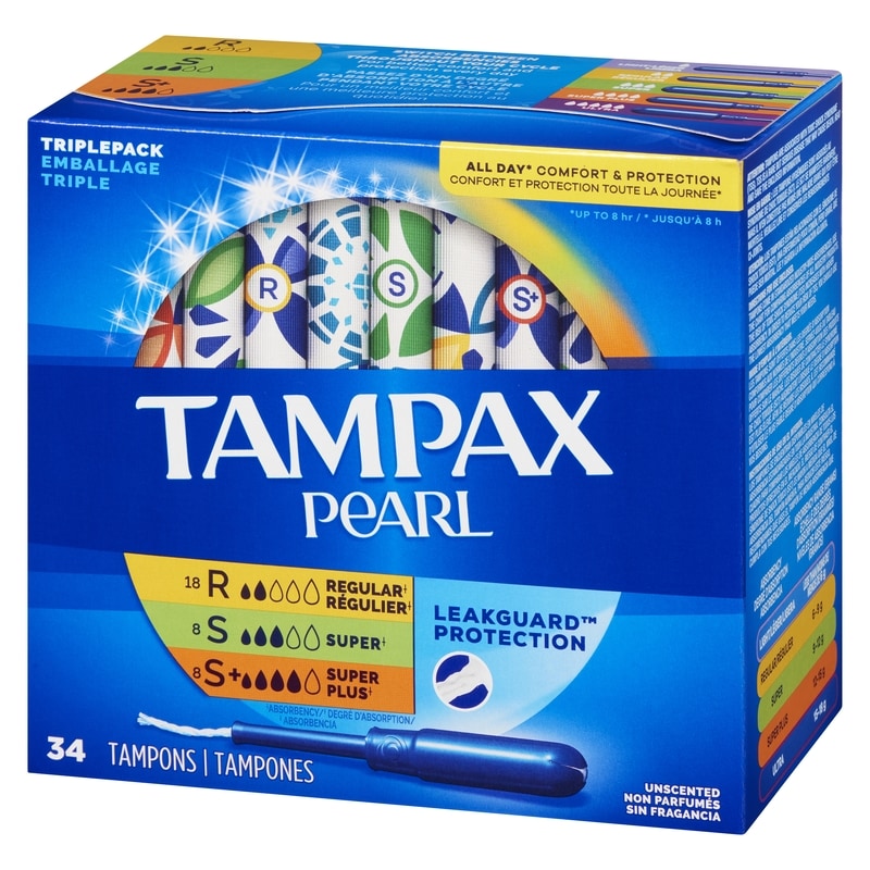 Pearl Tampons Trio Multipack, with LeakGuard Braid, Regular/Super/Super Plus Absorbency, Unscented, 34 Count.
