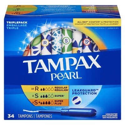 Tampax Tampons Pearl avec tresse anti-fuites LeakGuard, degré d’absorption régulier/super/super plus, emballage triple, non parfumés, 34 tampons. 34 ea, 0,35 $/1ch