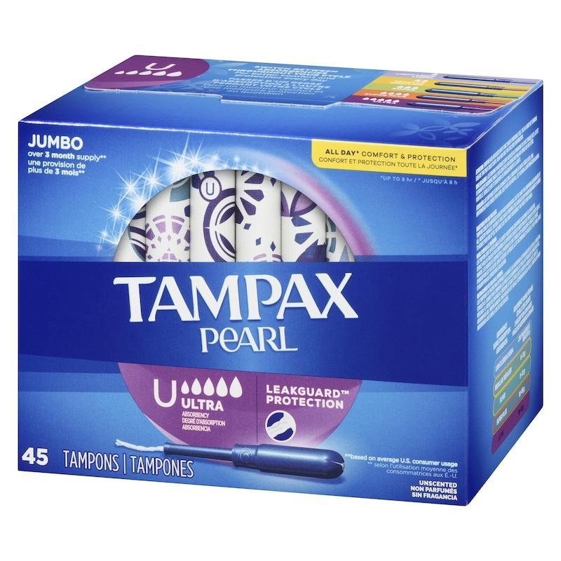 Pearl Tampons, with LeakGuard Braid, Ultra Absorbency, Unscented, 45 Count.