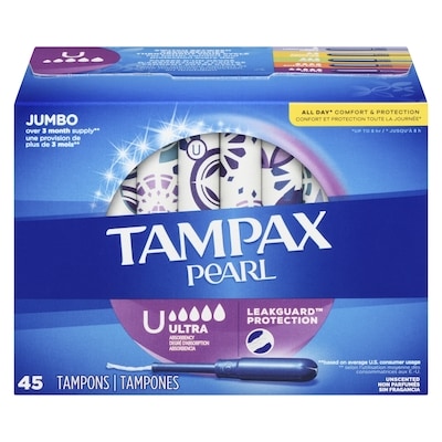 Tampax Tampons Pearl avec tresse anti-fuites LeakGuard, degré d’absorption ultra, non parfumés, 45 tampons 45 ea, 0,36 $/1ch
