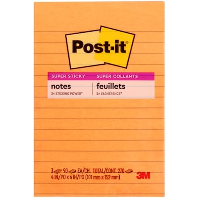 Post it Super Sticky Notes, Lined, Energy Boost Colors, 4 in x 6 in 1 ea, $10.00/1ea