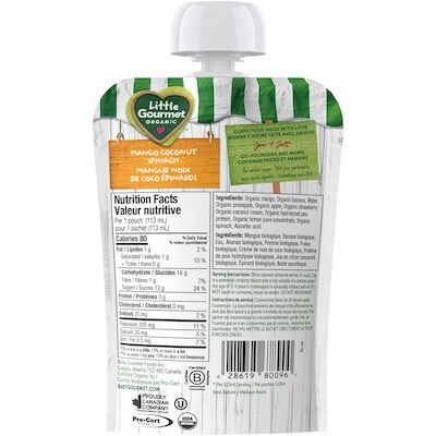 Purée biologique mangue noix de coco épinards